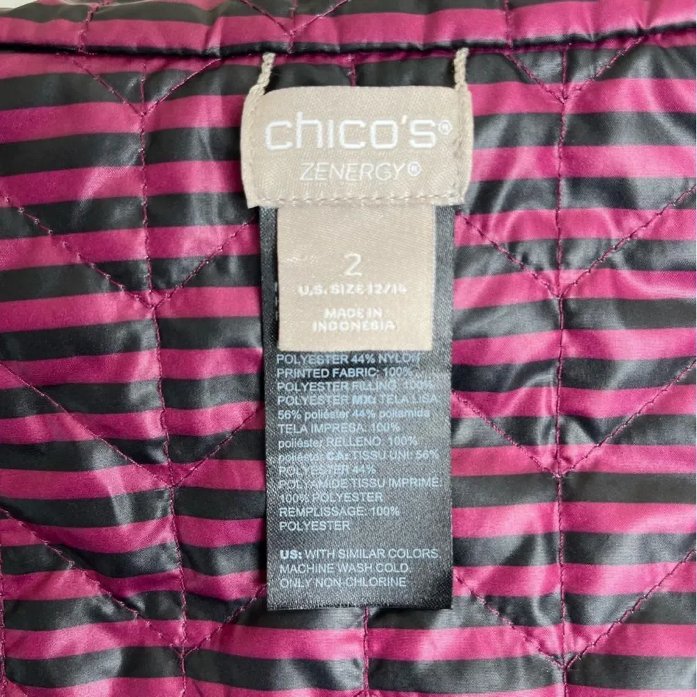 Chicos Zenergy Reversible Quilted Vest Berry Black Stripe Women Large Sleeveless